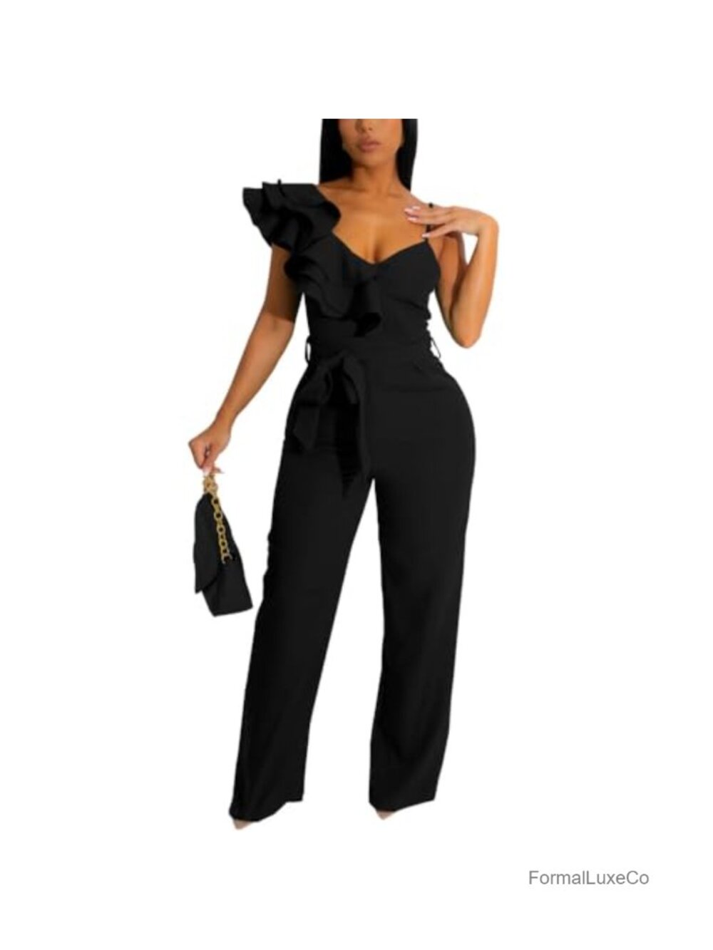 Women's V-Neck Sleeveless Ruffle One Piece Jumpsuit Wide Leg Romper Party